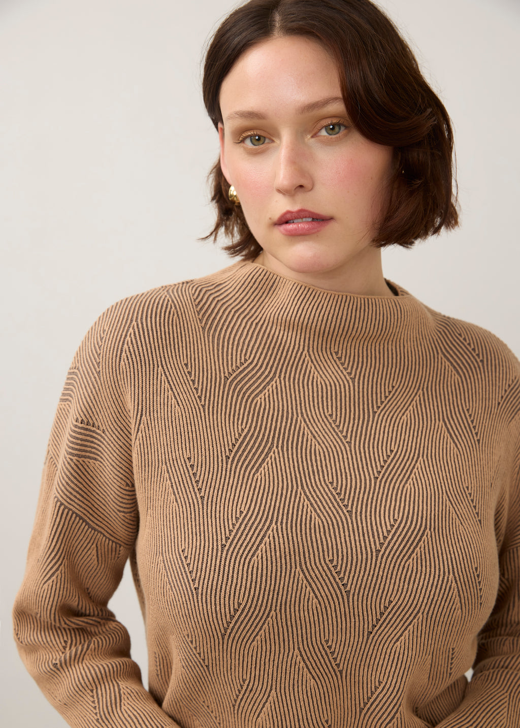 Long Sleeve Funnel Neck Sweater, Tan/Stone Grey, alternate view