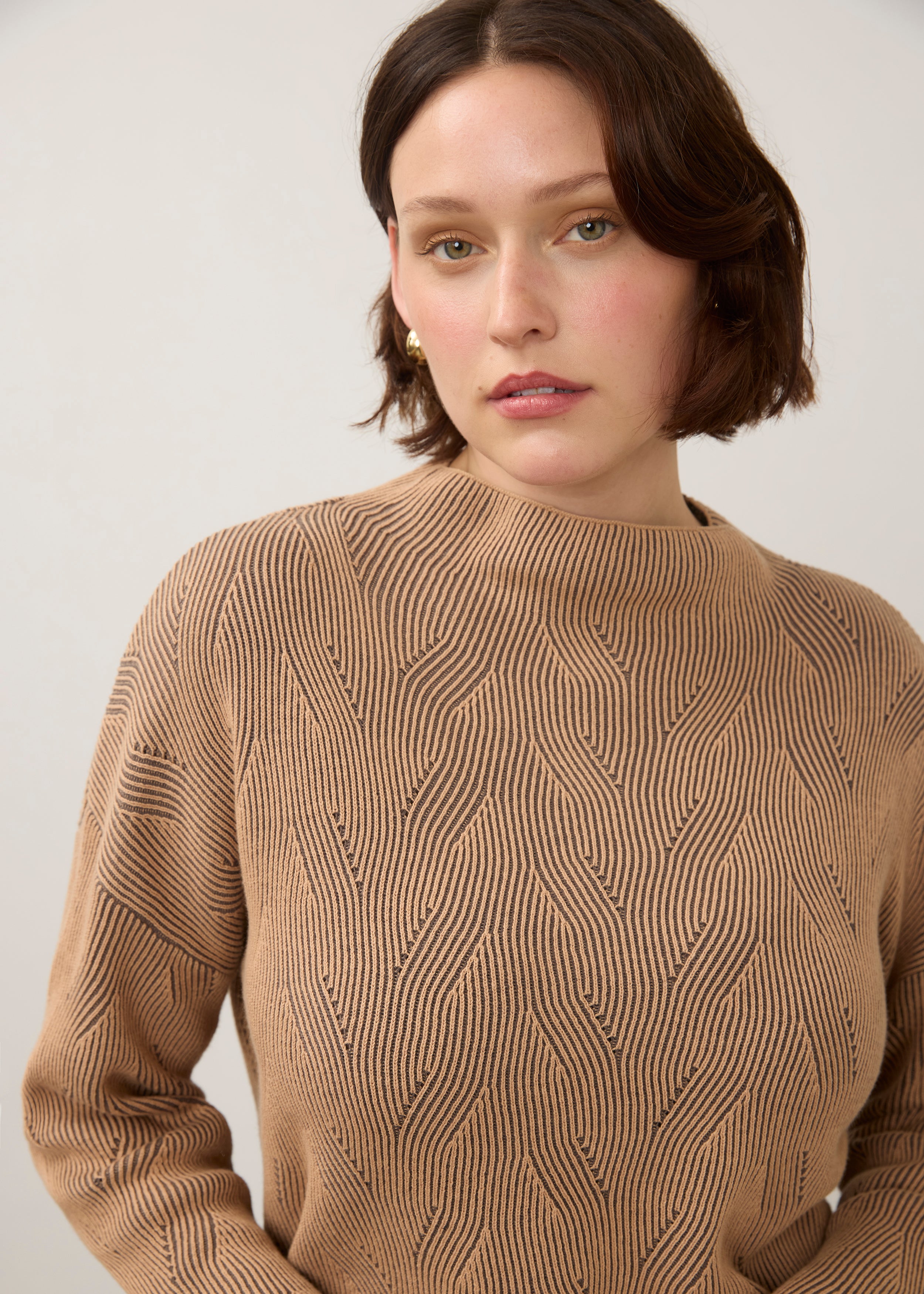 Long Sleeve Funnel Neck Sweater, Tan/Stone Grey, alternate view