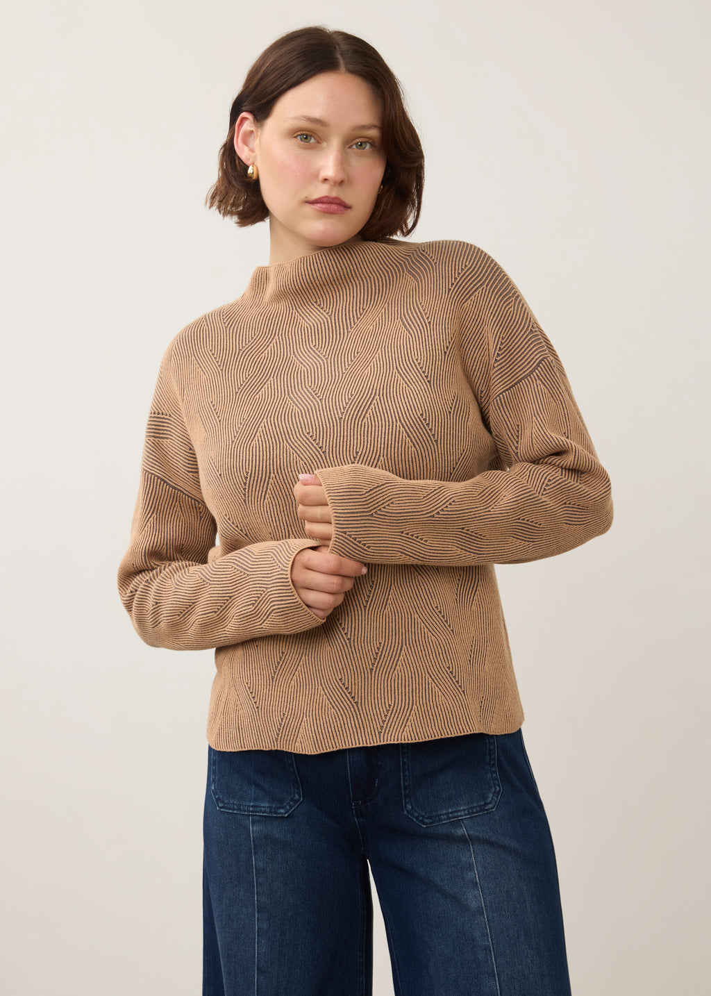Long Sleeve Funnel Neck Sweater, Tan/Stone Grey