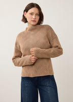 Long Sleeve Funnel Neck Sweater, Tan/Stone Grey