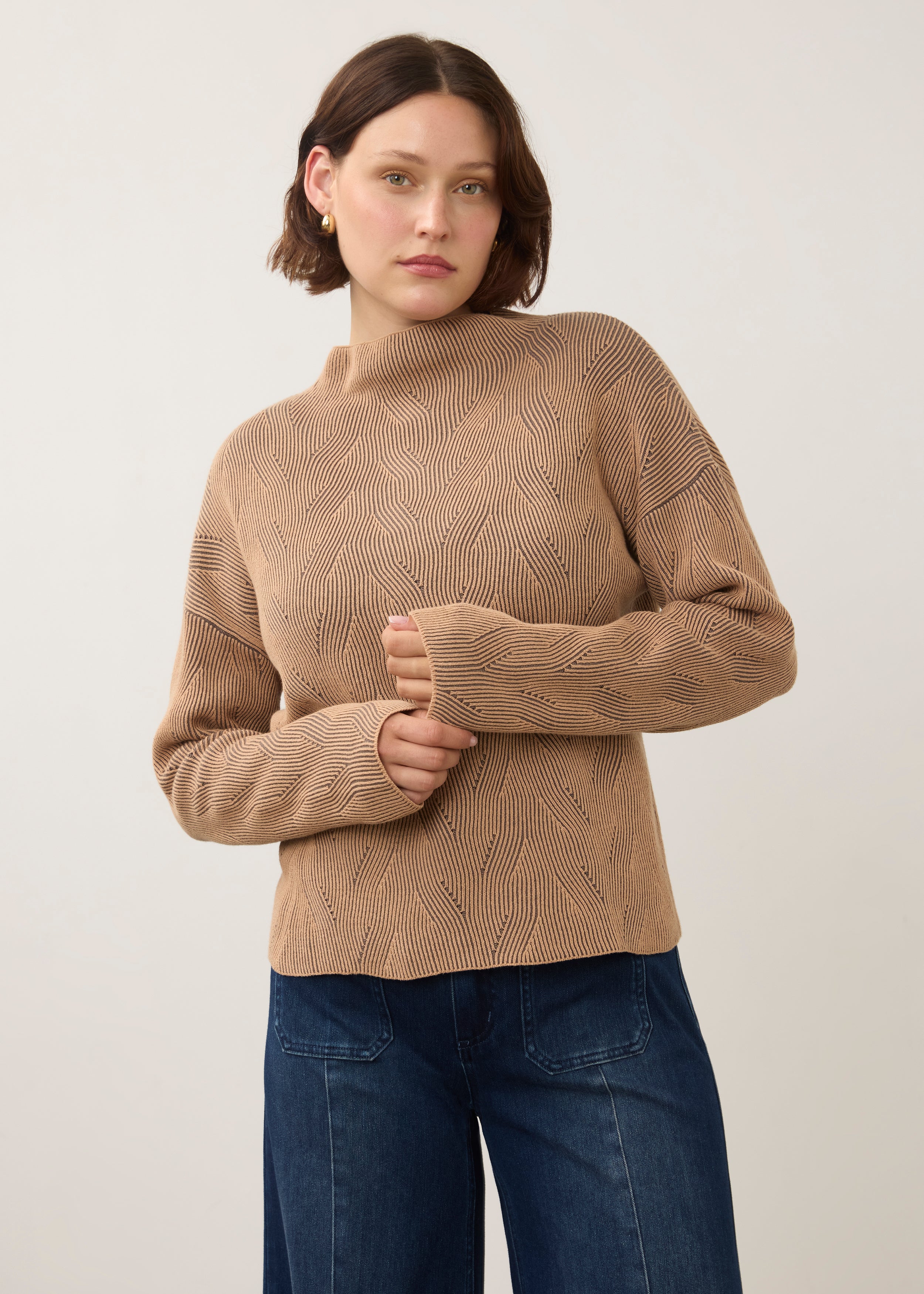 Long Sleeve Funnel Neck Sweater, Tan/Stone Grey