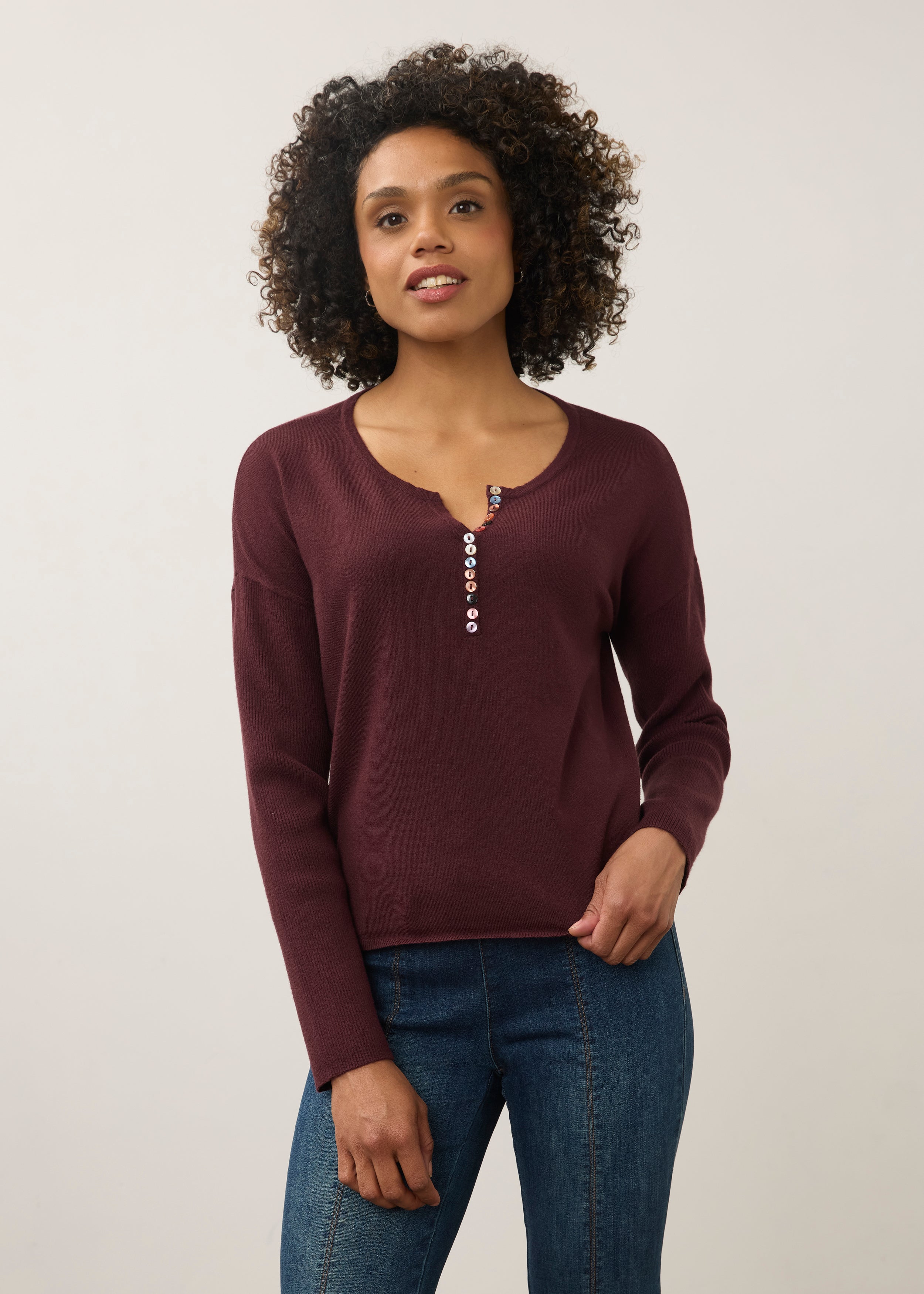 Notch Neck Rib Sleeve Sweater, Fig