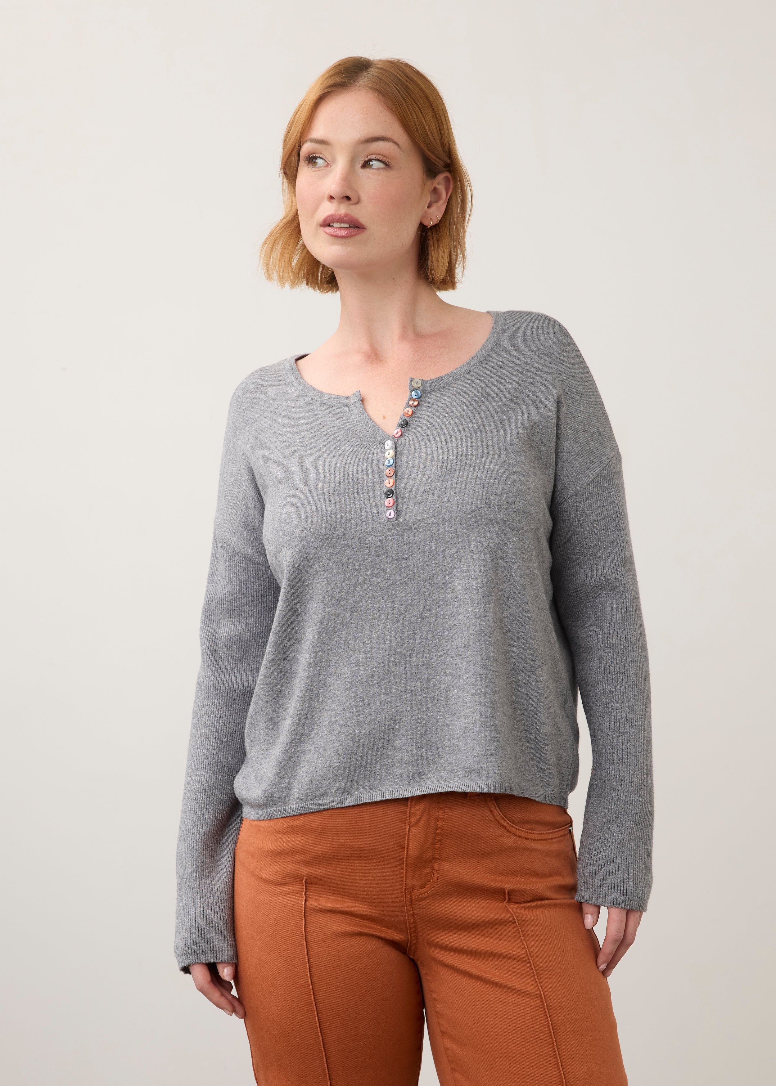 Notch Neck Rib Sleeve Sweater, Storm Cloud Heather