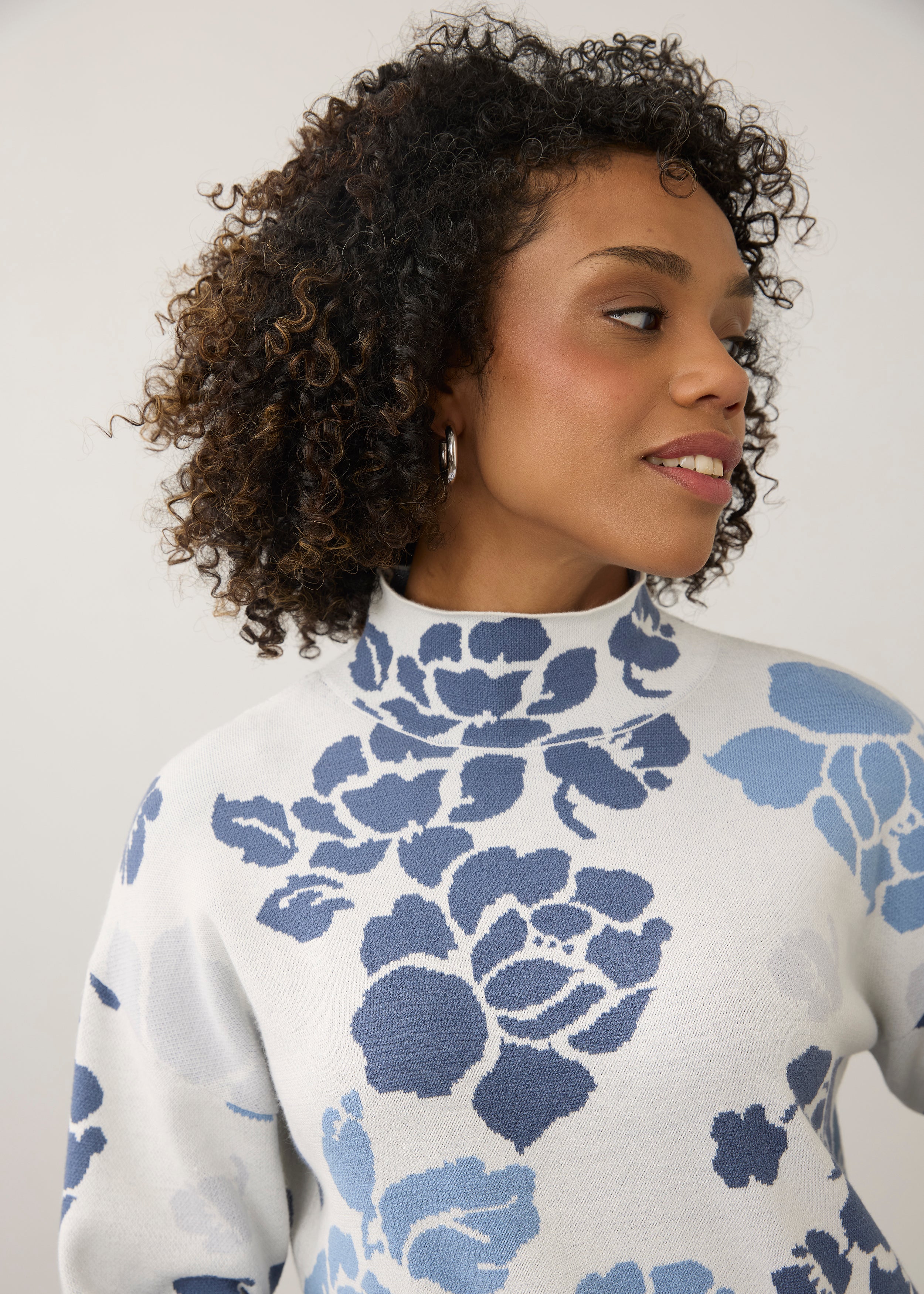 Mock Neck Loose Fit Sweater, Indigo Floral, alternate view