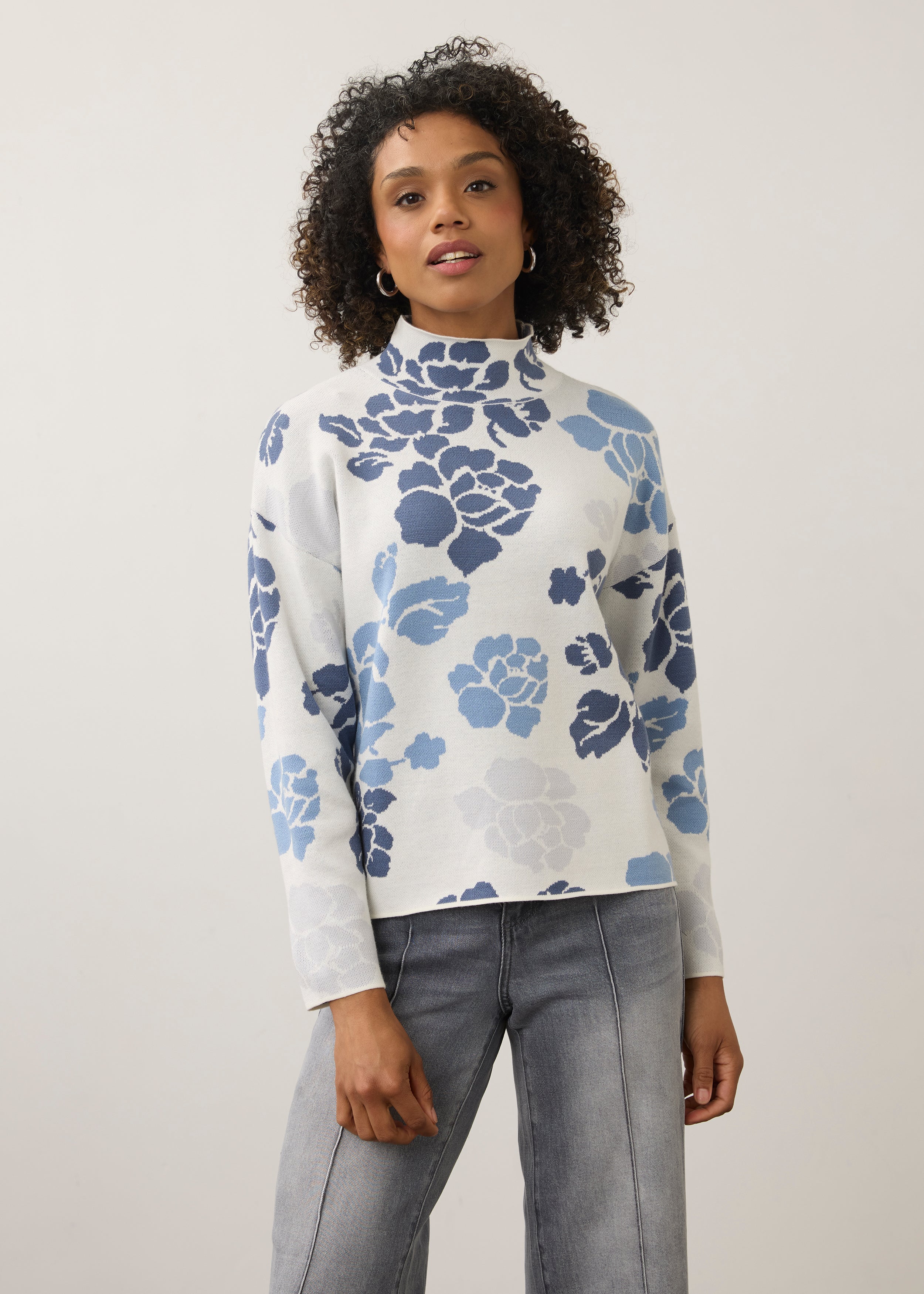 Mock Neck Loose Fit Sweater, Indigo Floral