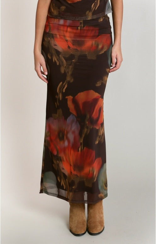 Mesh Floral Skirt, Brown/Orange Floral