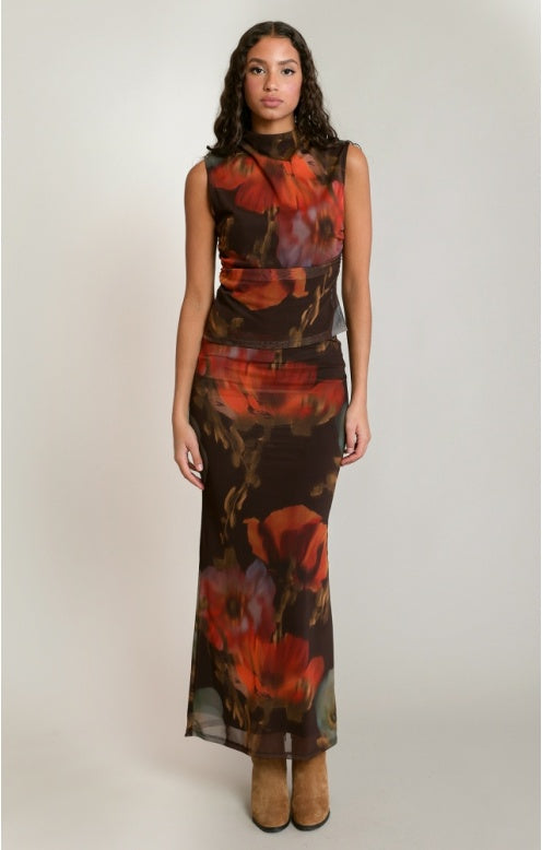 Mesh Floral Skirt, Brown/Orange Floral, alternate view