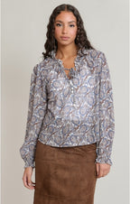 Balloon Sleeved Blouse, Blue/Brown Paisley