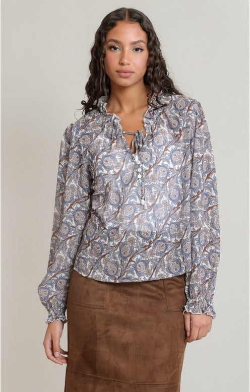 Balloon Sleeved Blouse, Blue/Brown Paisley