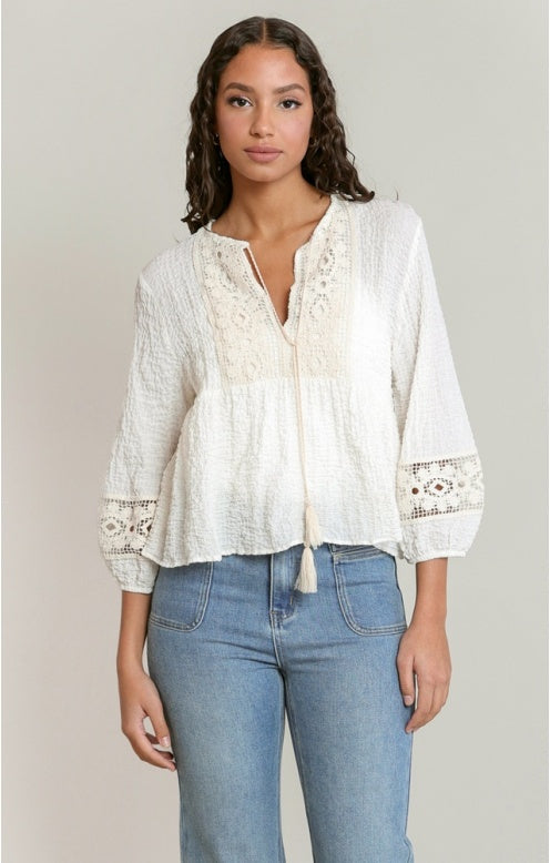 Crochet Trim Blouse, Ecru