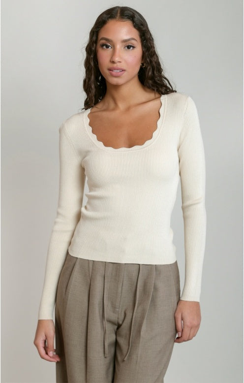 Scallop Neckline Sweater Top, Birch