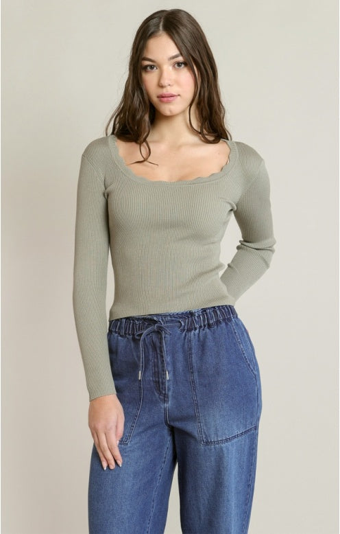 Scallop Neckline Sweater Top, Light Sage