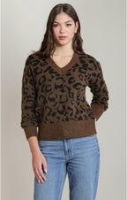 Leopard V-Neck Sweater, Brown/Black Leopard