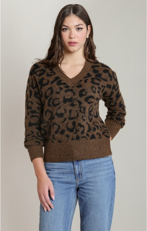 Leopard V-Neck Sweater, Brown/Black Leopard