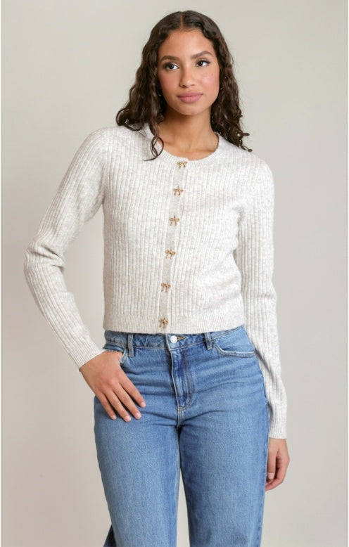 Bow Button Cropped Cardigan, Ivory/Oat Heather