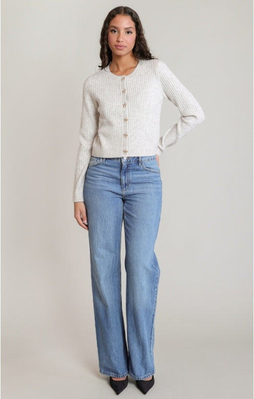 Bow Button Cropped Cardigan, Ivory/Oat Heather, alternate view