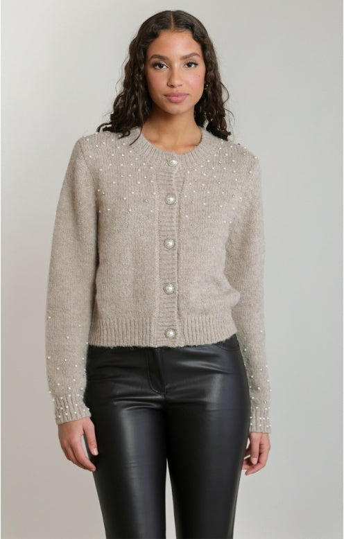 Embellished Crewneck Cardigan, Light Heather Taupe