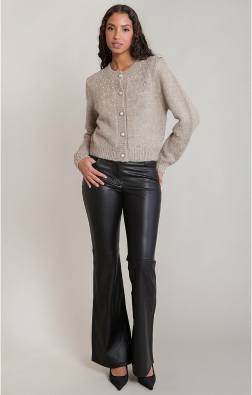 Embellished Crewneck Cardigan, Light Heather Taupe, alternate view