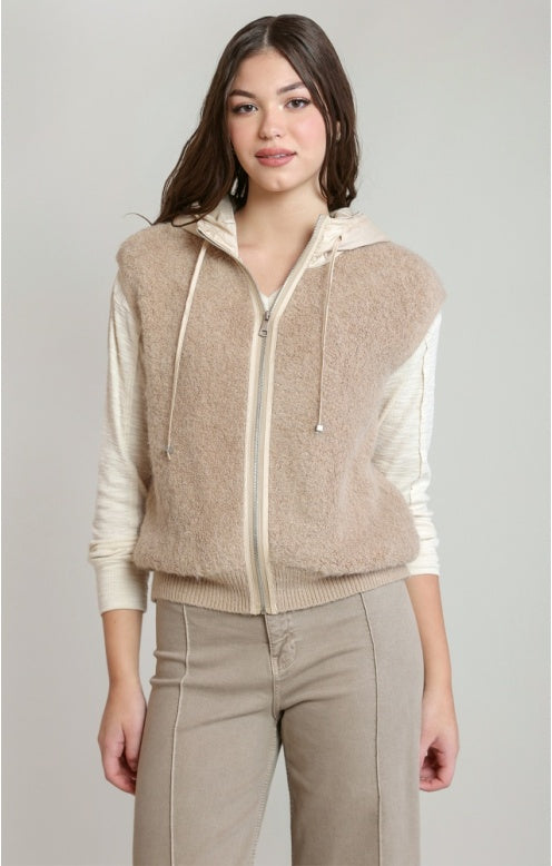 Hooded Boucle Vest, Beige