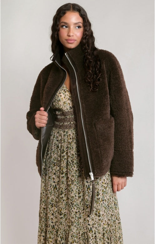 Faux Shearling Jacket, Dark Brown