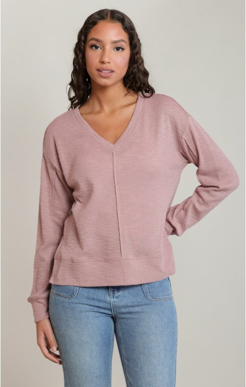 V-Neck Knit Top, Dusty Rose