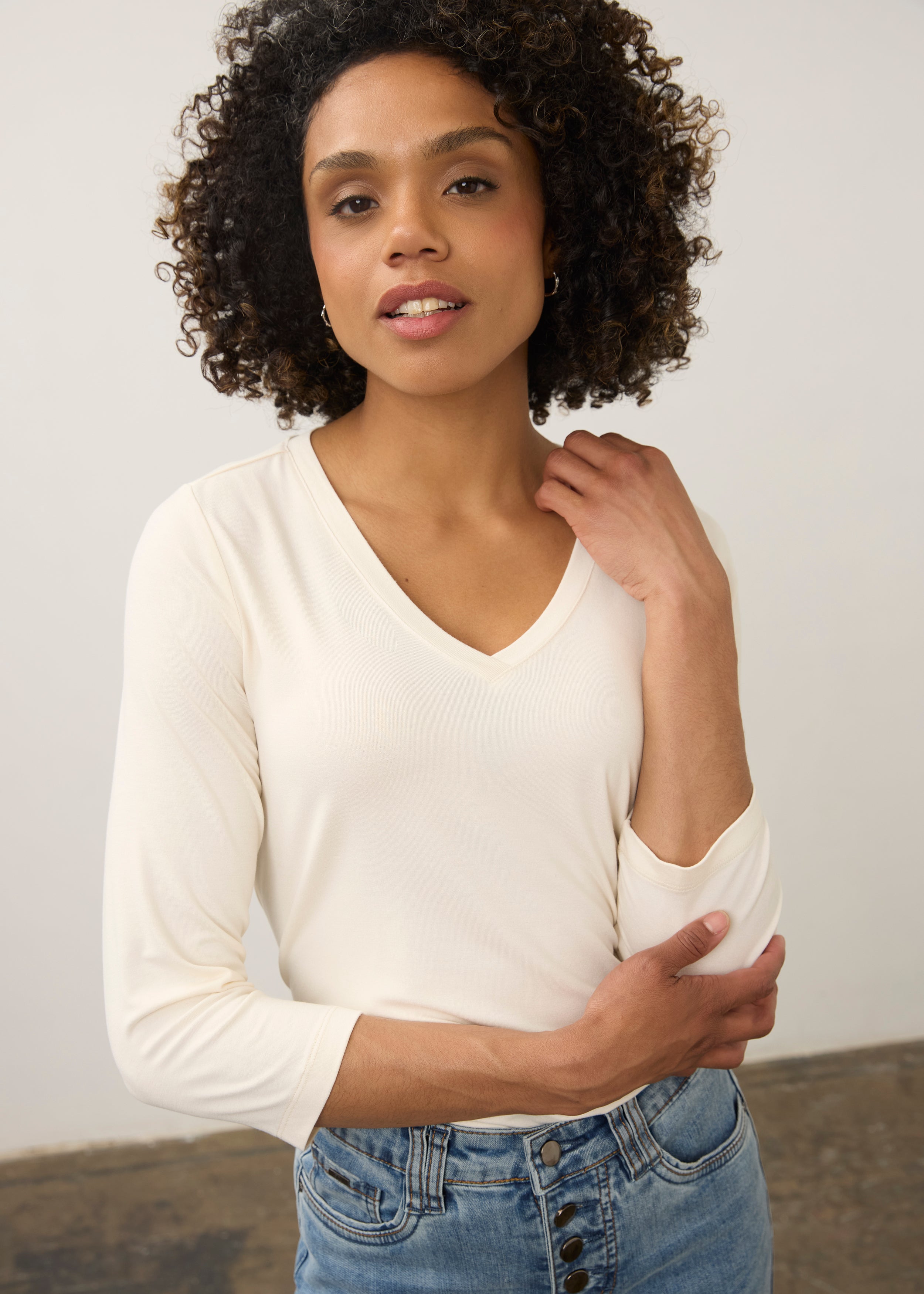 V-Neck Top, Cream, alternate view