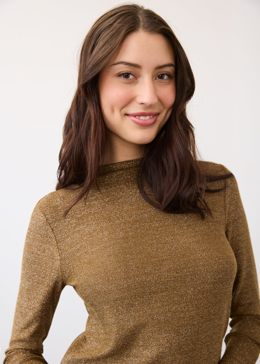 Long Sleeve Mock Neck Top, Brass, alternate view