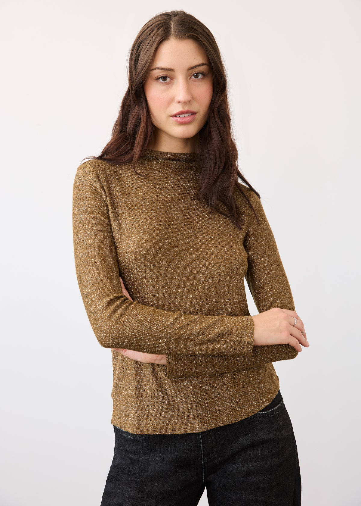 Long Sleeve Mock Neck Top, Brass