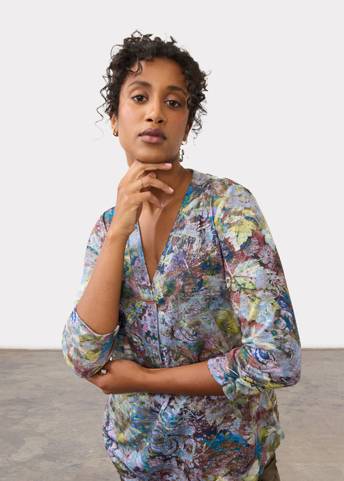3/4 Sleeve V Neck Top, Renaissance Bouquet, alternate view