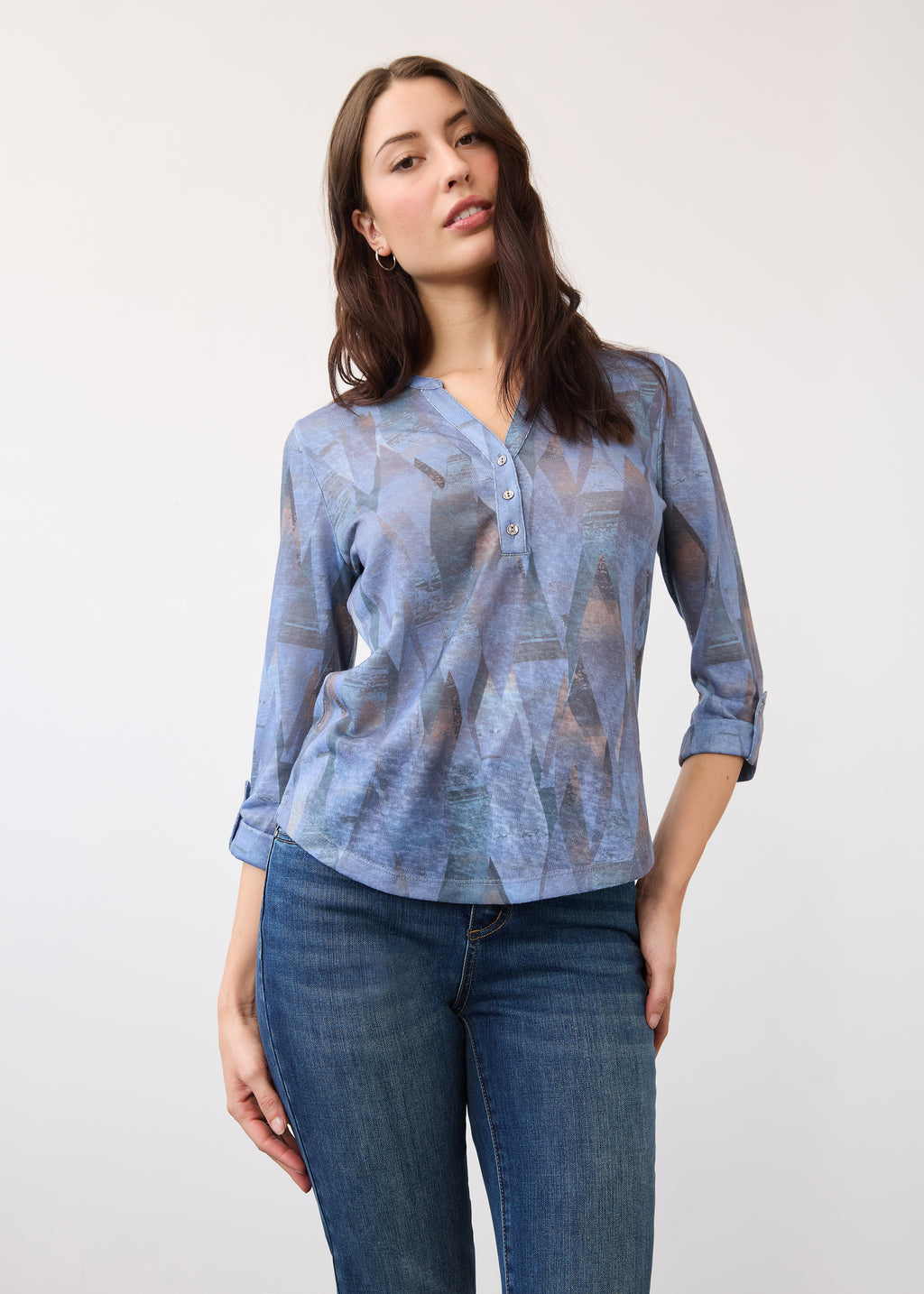 3/4 Sleeve Henley Top, Indigo Leaf Rain