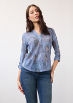 3/4 Sleeve Henley Top, Indigo Leaf Rain
