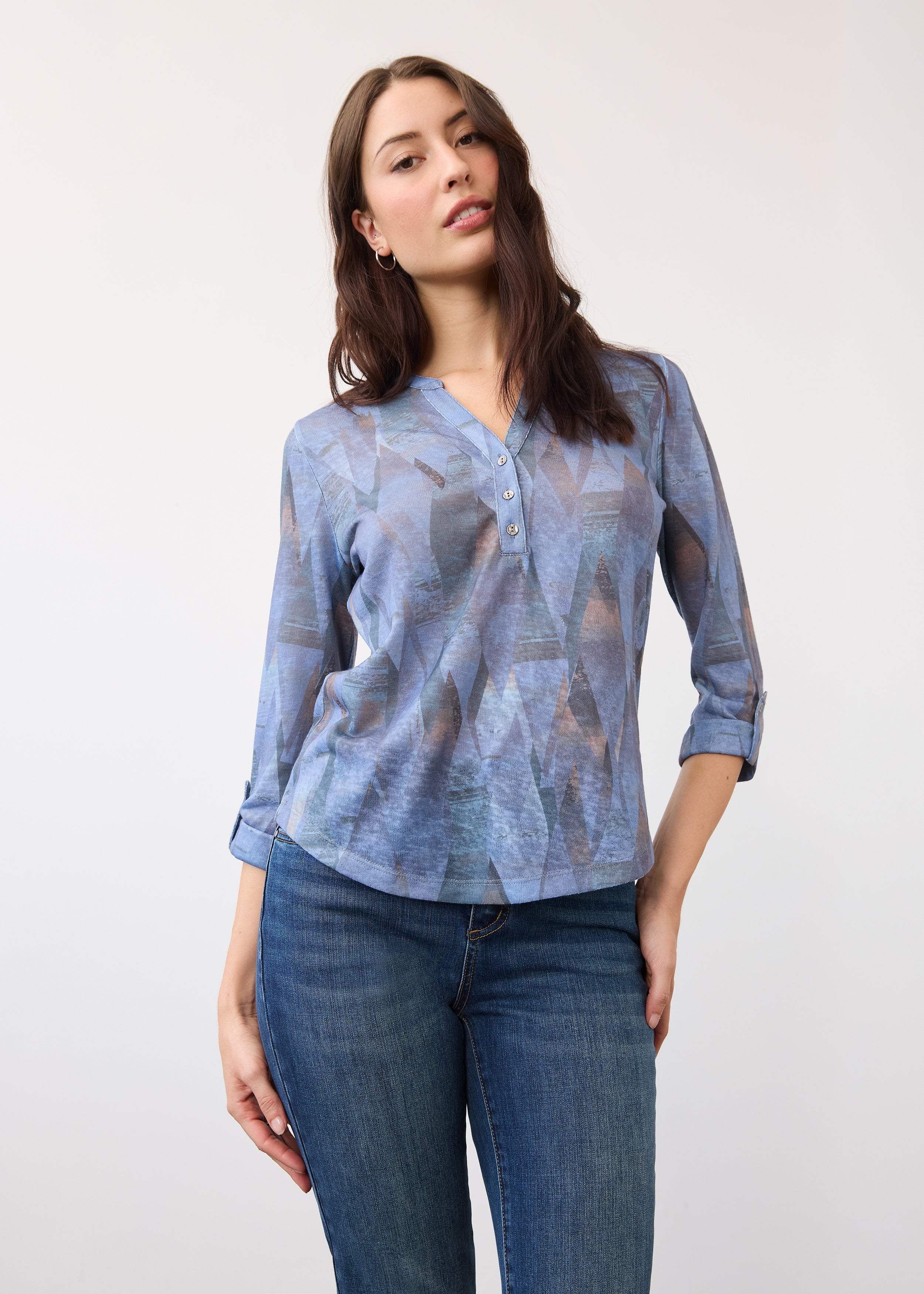 3/4 Sleeve Henley Top, Indigo Leaf Rain