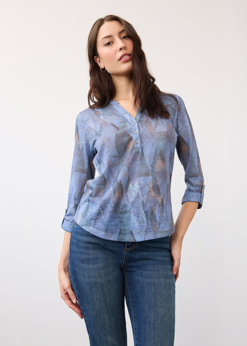 3/4 Sleeve Henley Top, Indigo Leaf Rain