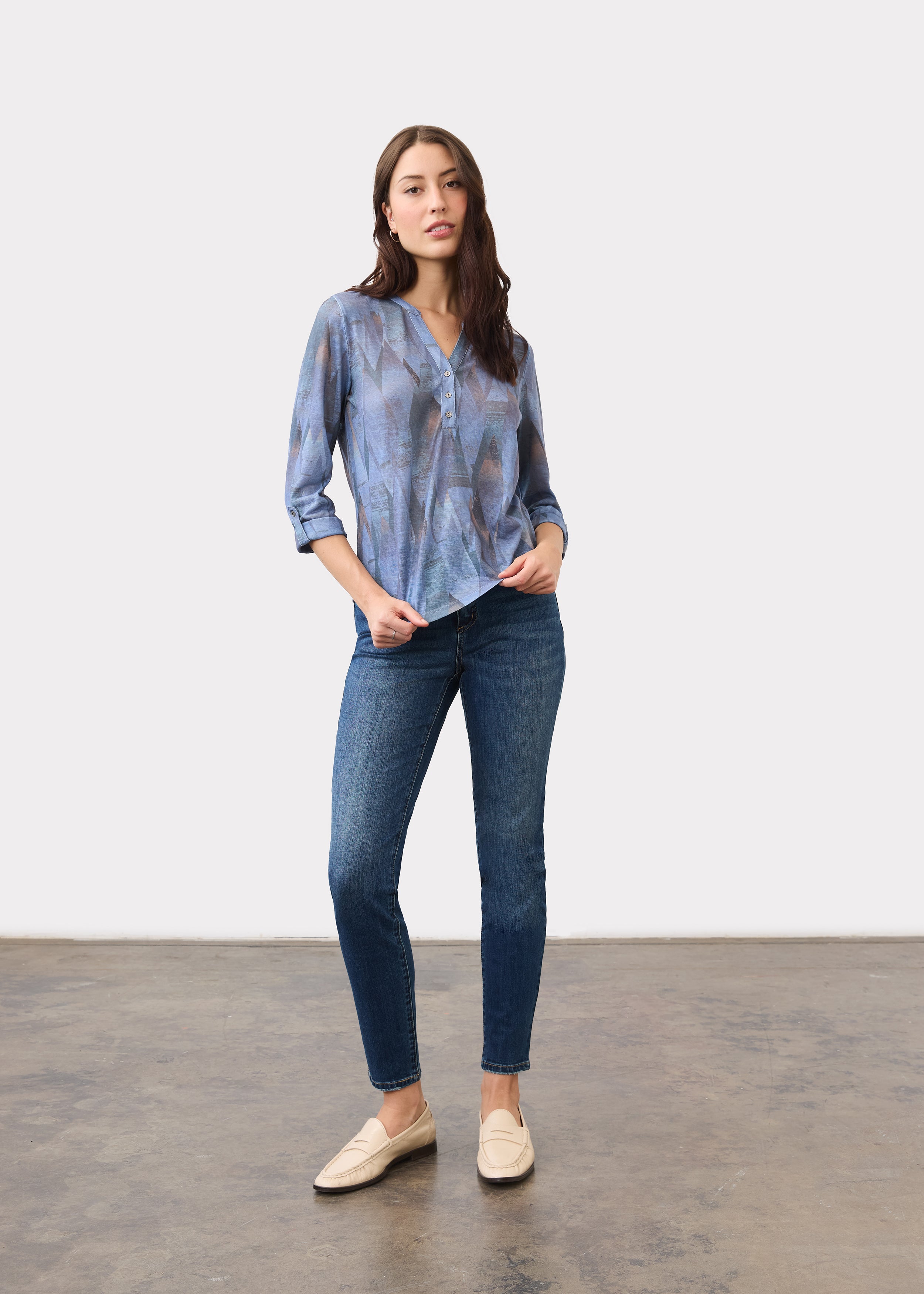 3/4 Sleeve Henley Top, Indigo Leaf Rain, alternate view