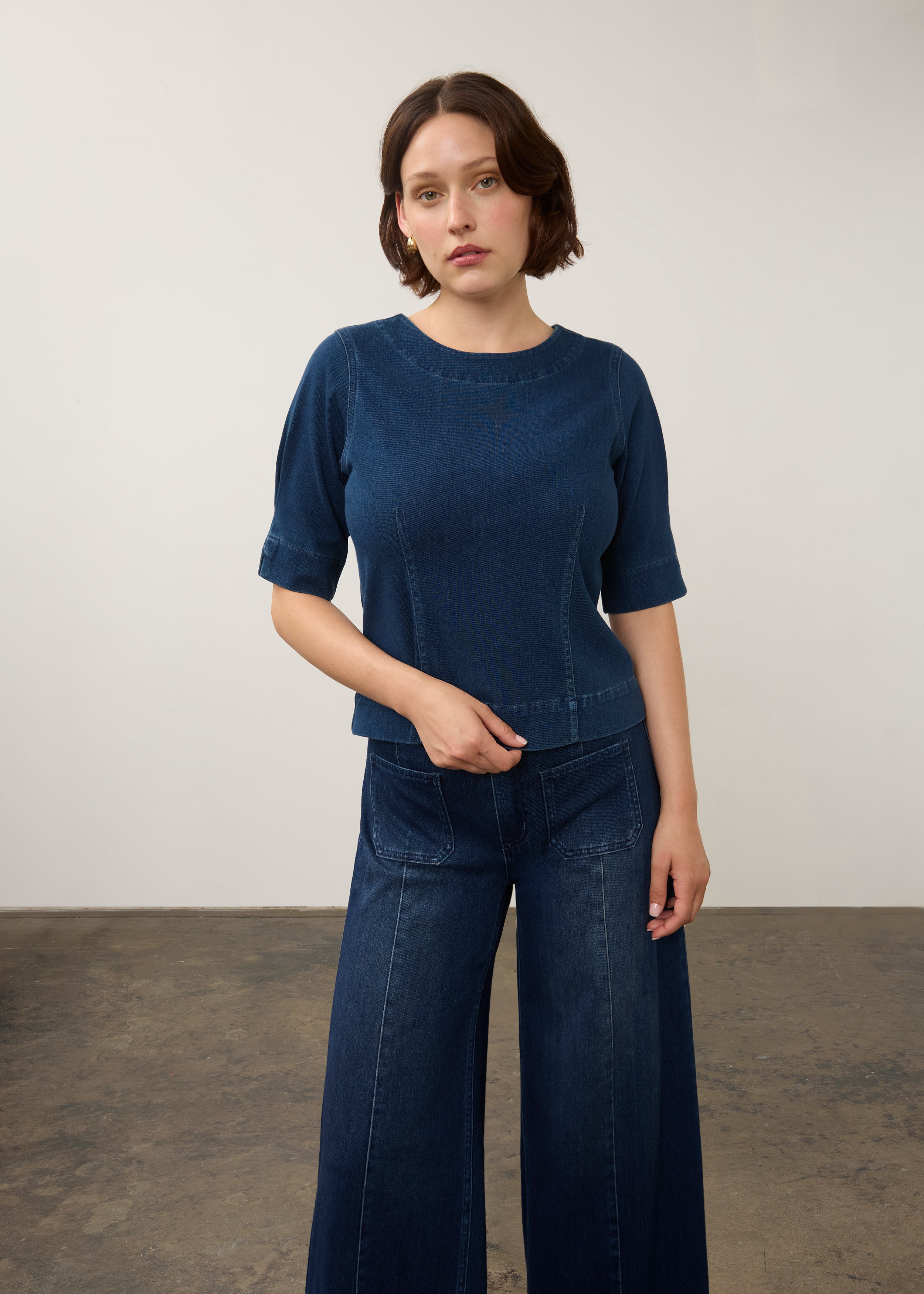 Elbow Sleeve Top, Dark Rinse