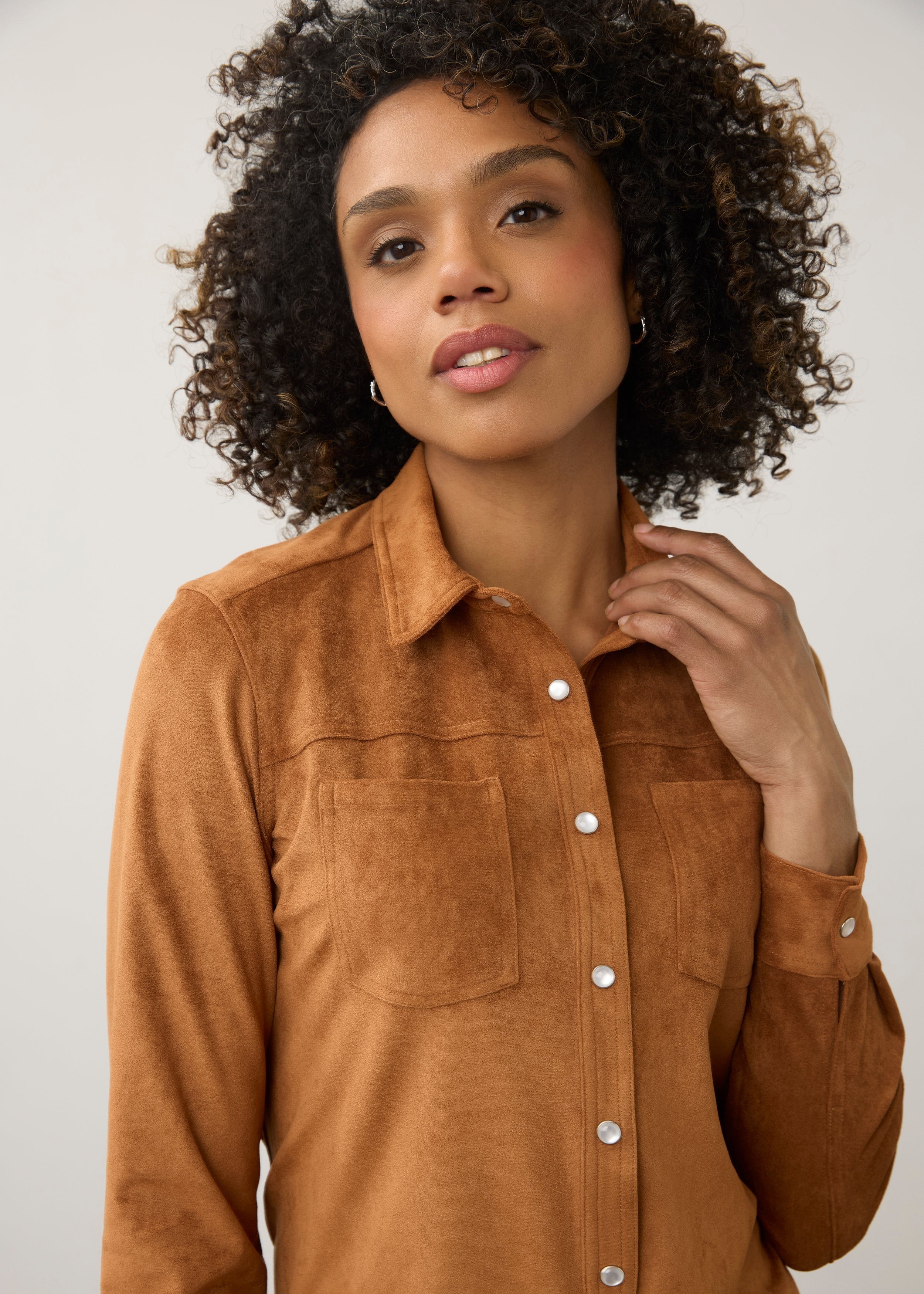 Long Sleeve Suede Shirt, Dark Caramel, alternate view