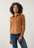 Long Sleeve Suede Shirt, Dark Caramel