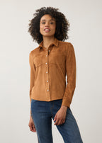 Long Sleeve Suede Shirt, Dark Caramel