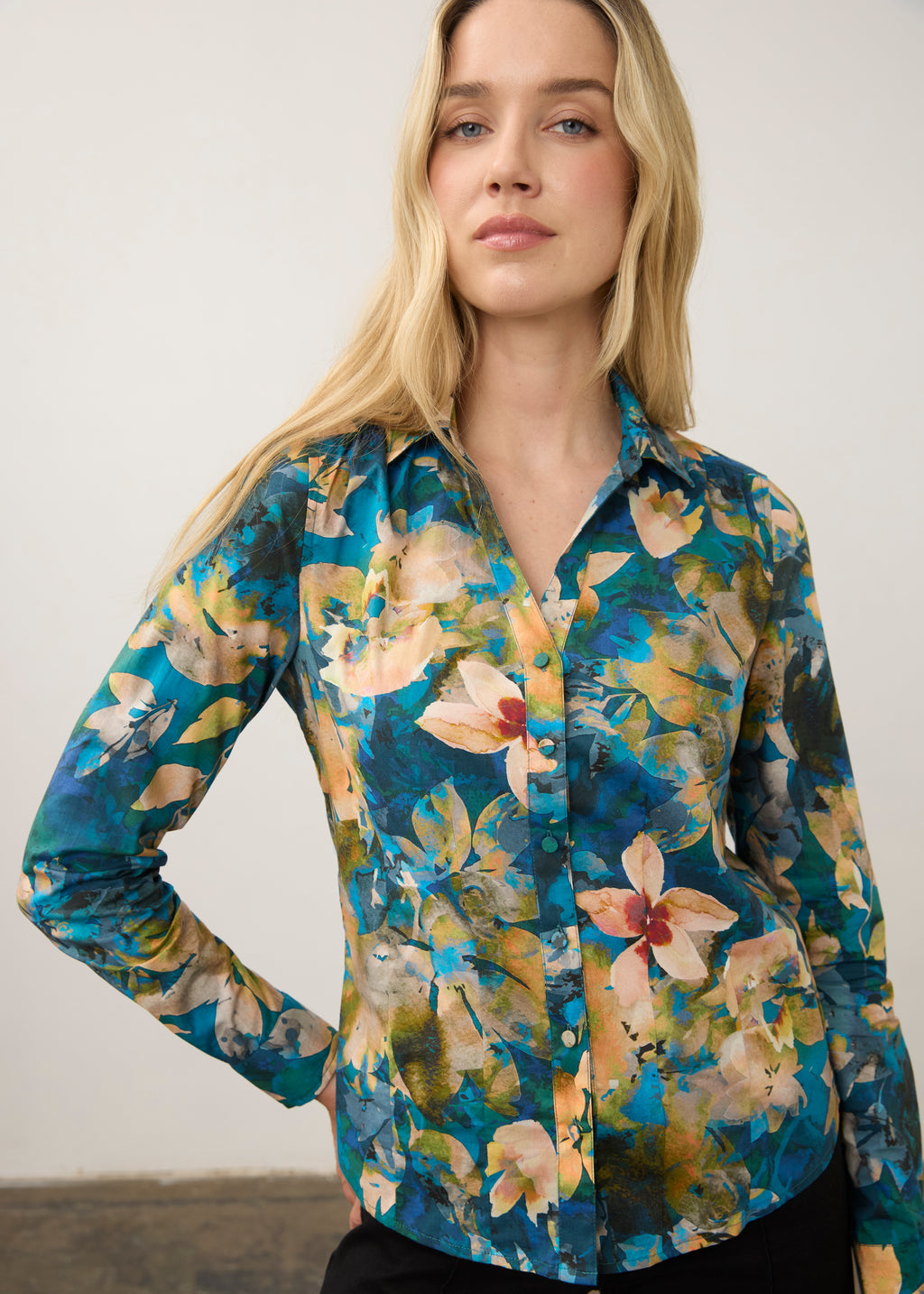 Long Sleeve Split Neck Shirt, Nocturne, alternate view