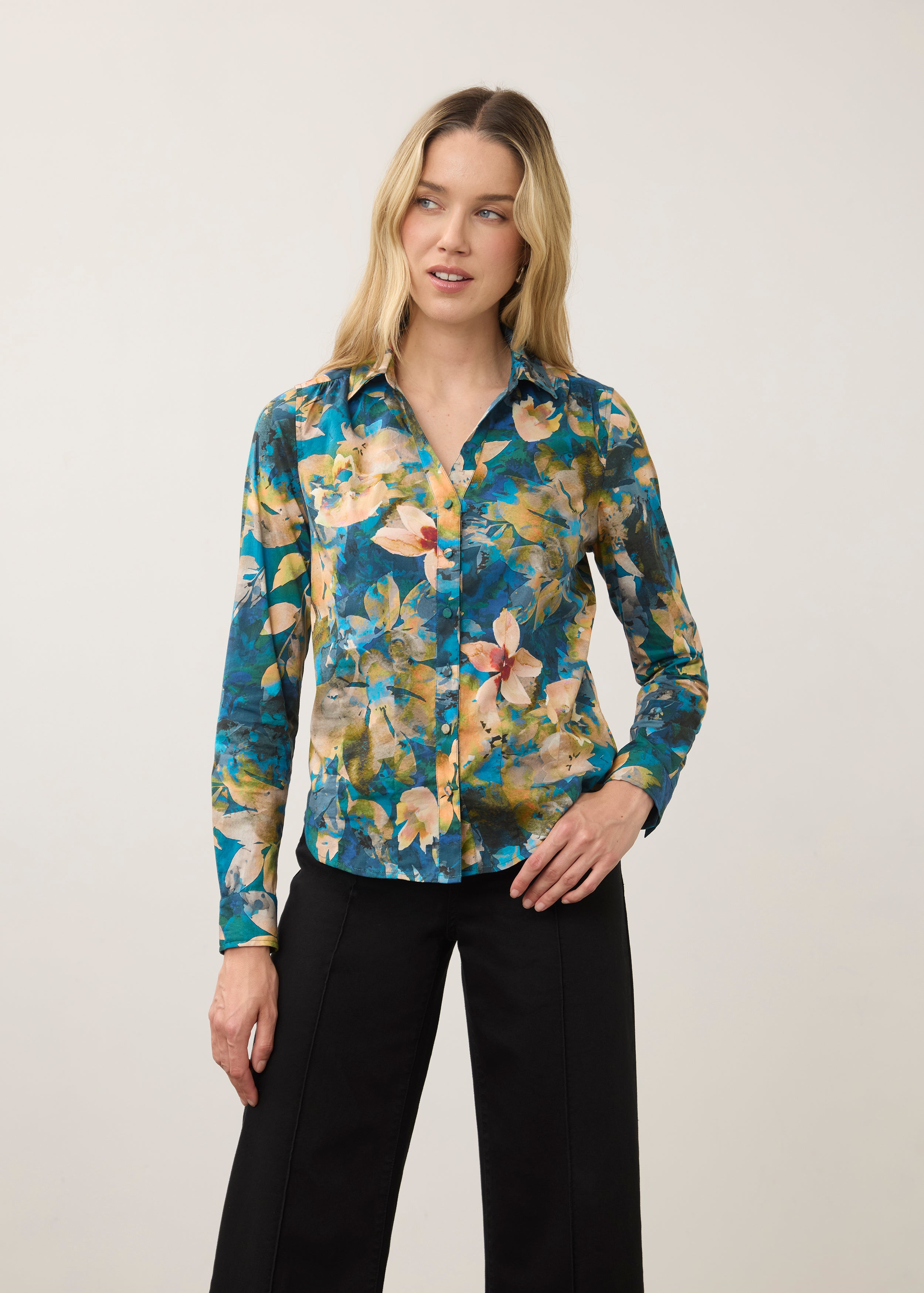 Long Sleeve Split Neck Shirt, Nocturne