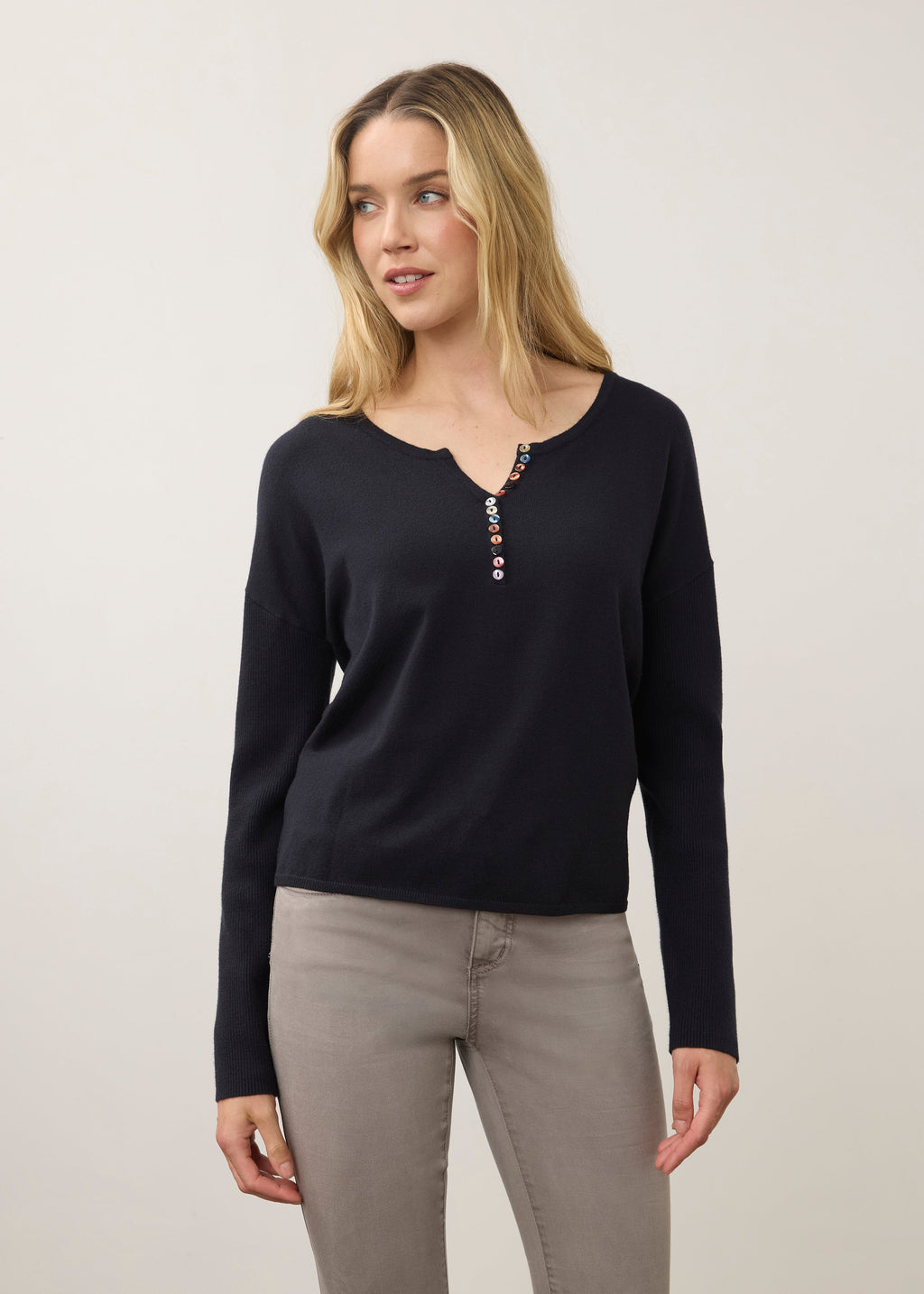 Notch Neck Rib Sleeve Sweater, Blueberry