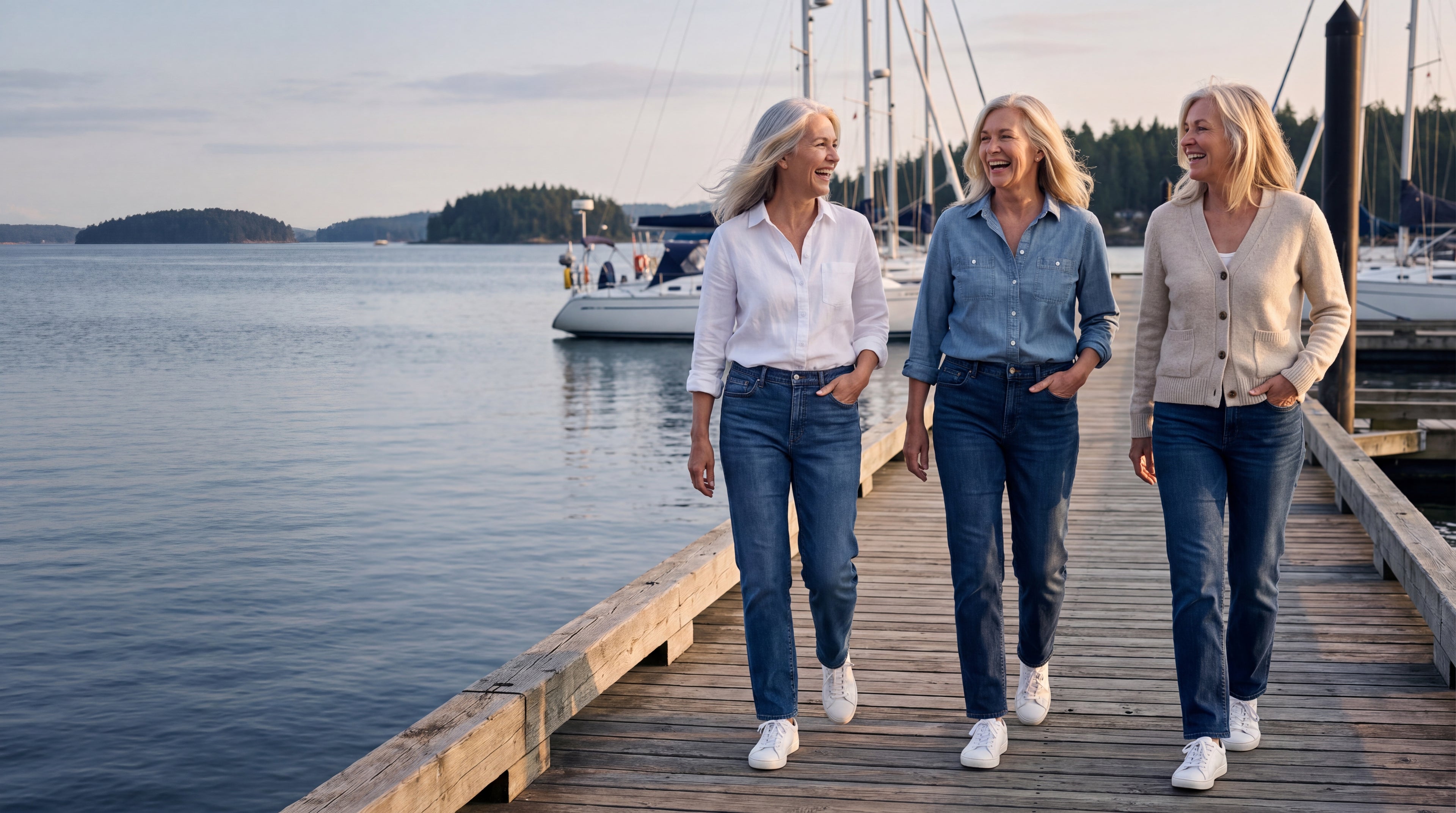 Three women in relaxed jeans walk the marina boardwalk at golden hour in Sidney, British Columbia