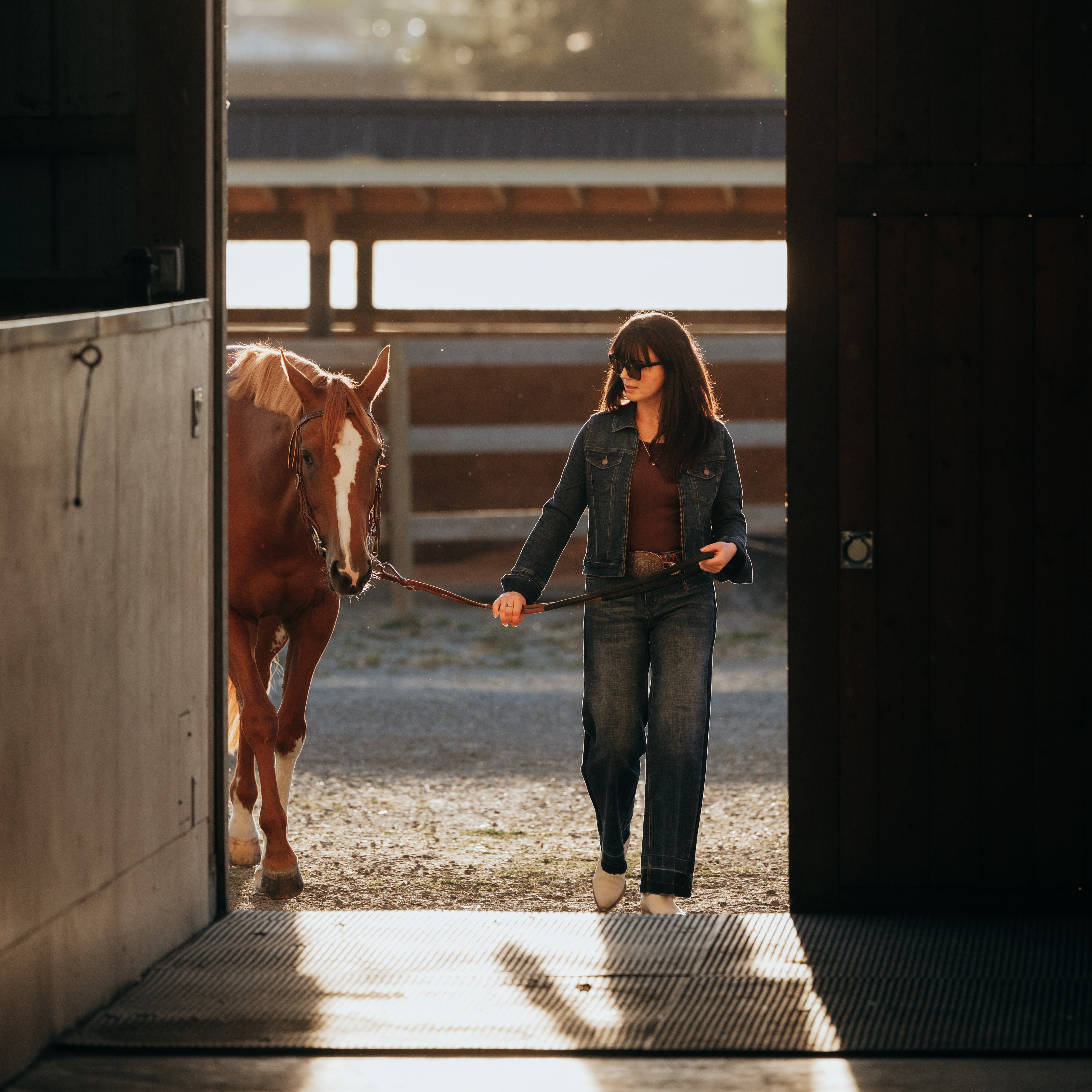 Woman in a denim jacket and jeans leading a chestnut horse out through a sunlit barn doorway